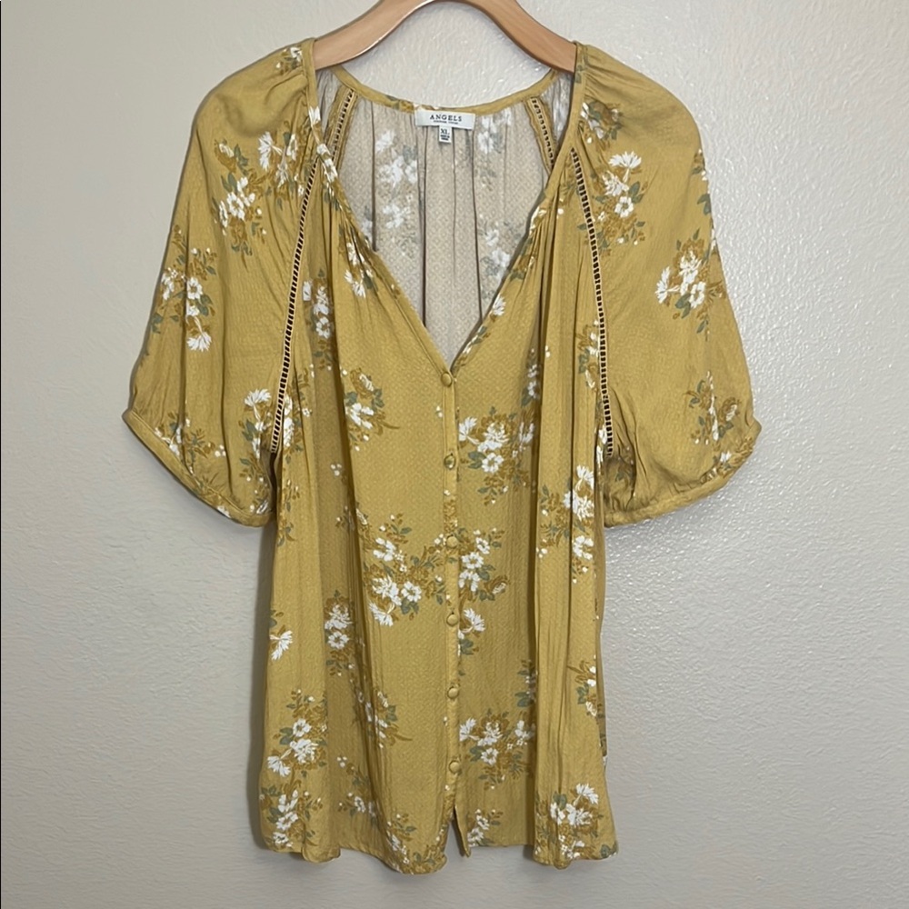 Angels Forever Young Yellow Floral Short Sleeve Button Down Shirt